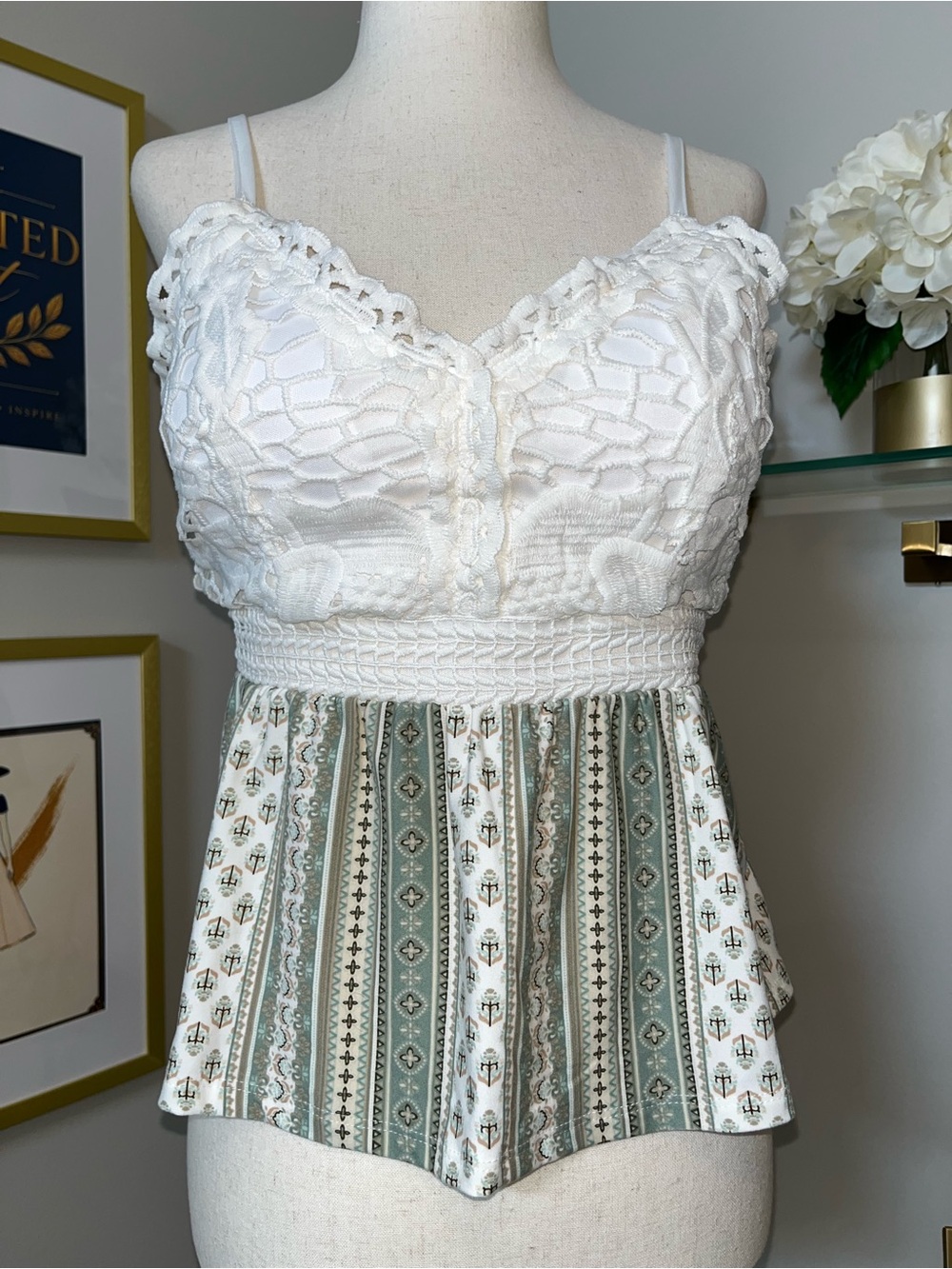 NWOT. Derek Heart Crochet Lace Smocked Peplum Cami Top | Sage | Boho Cottagecore - Picture 5 of 10